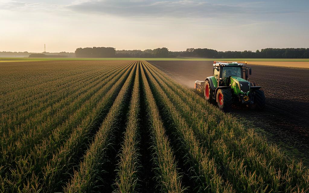 Tractor rijdt langs een rij gewassen op een agrarisch perceel in het Land van Maas en Waal