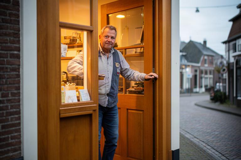 Ondernemer opent de deur van een kleine winkel aan een straat in Druten
