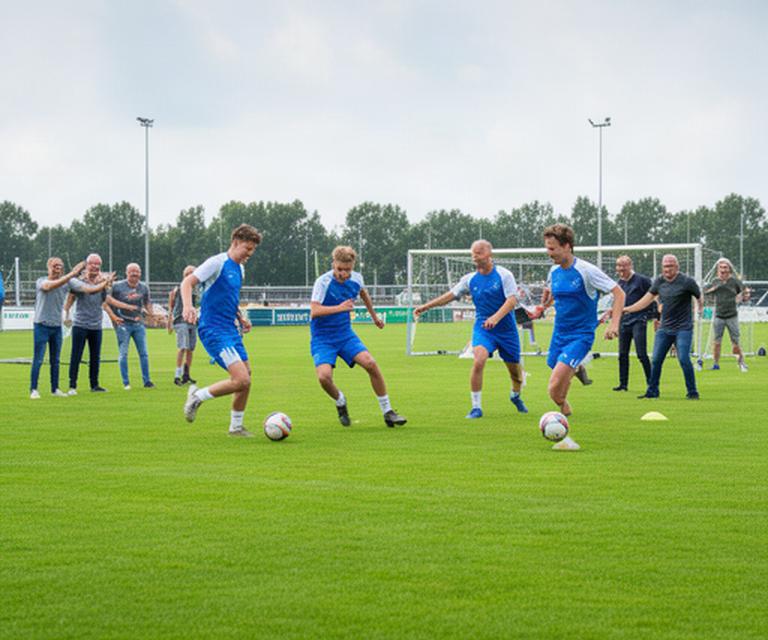 Voetballers trainen op een groen sportveld in Druten terwijl teamgenoten langs de lijn aanmoedigen